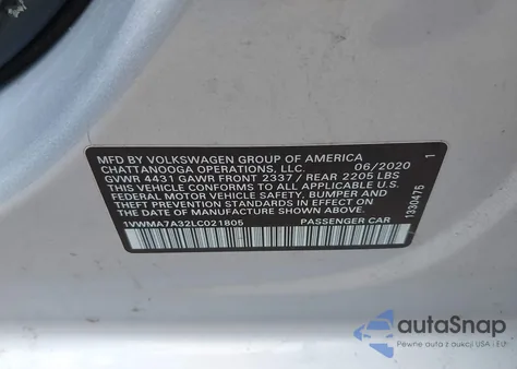 2020 Volkswagen Passat 2.0T R-Line from USA, damaged, VIN 1VWMA7A32LC021805